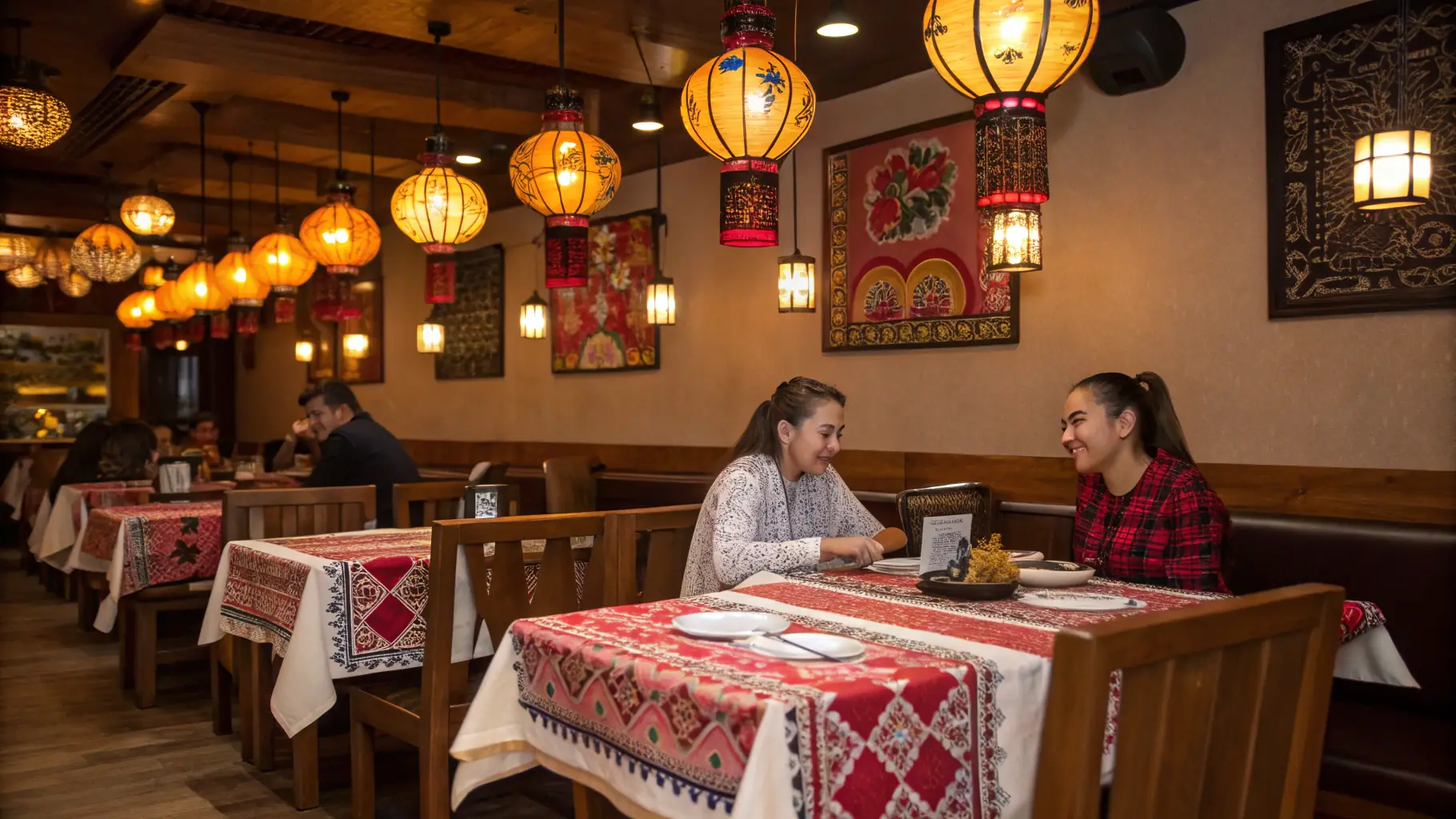 Interior of La Mama in Bali, showing cozy seating, traditional Romanian decorations, and happy diners.